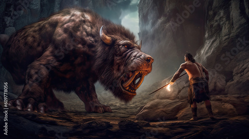 Illustration about the myth of Hercules and the ERYMANTHUS BOAR - AI generated image. photo