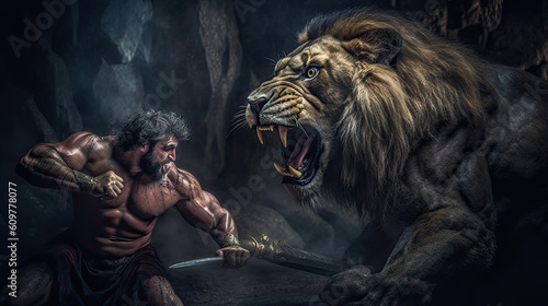 Illustration about the myth of Hercules and the Nemean lion - AI generated image.