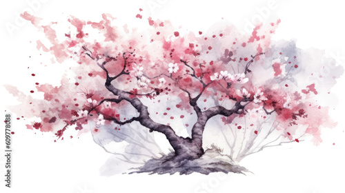blossoming cherry tree border in watercolor style  isolated on a transparent background for design layouts