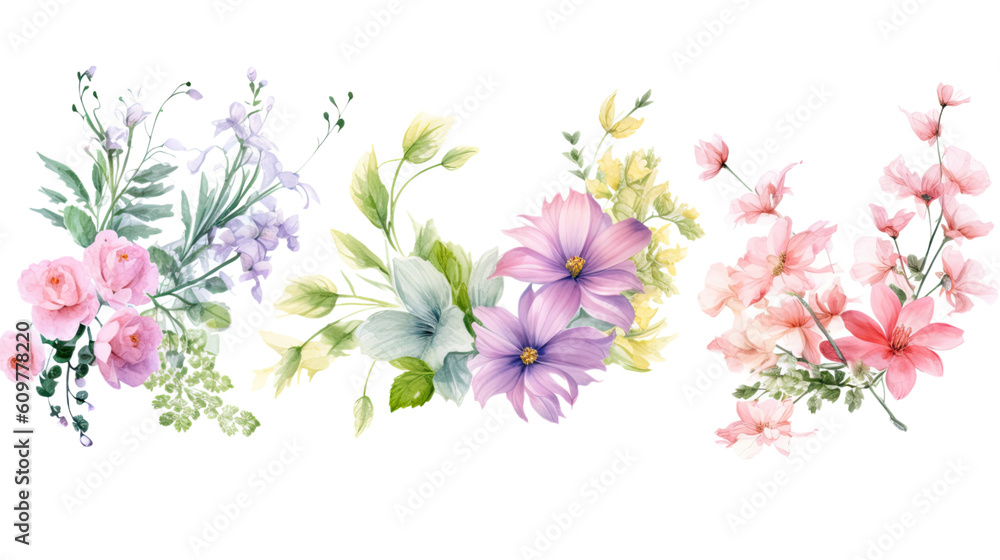 Fototapeta premium spring floral corner borders in watercolor style, isolated on a transparent background for design layouts