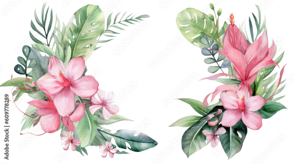 tropical foliage wreath with ribbon in watercolor style, isolated on a transparent background for design layouts