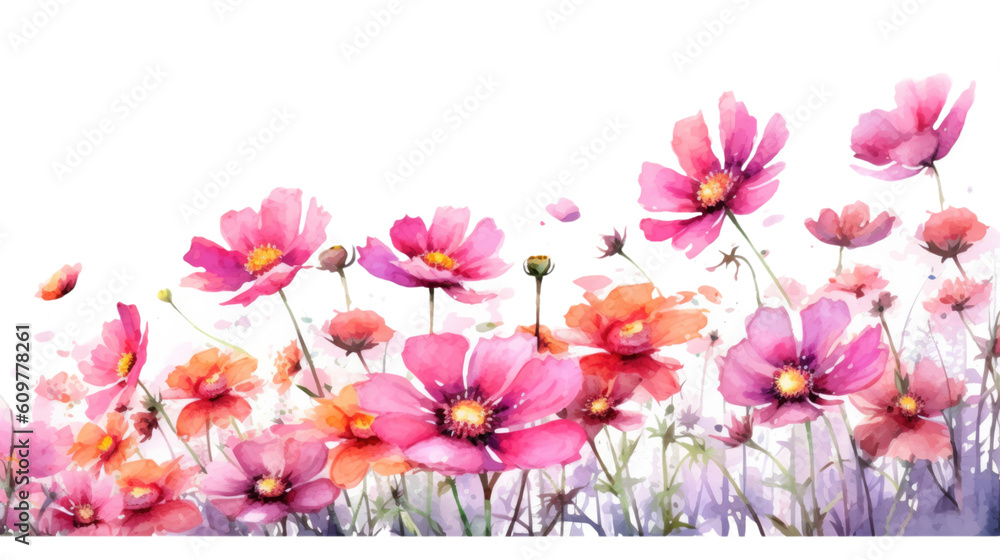 vibrant cosmos flower border in watercolor style, isolated on a transparent background for design layouts