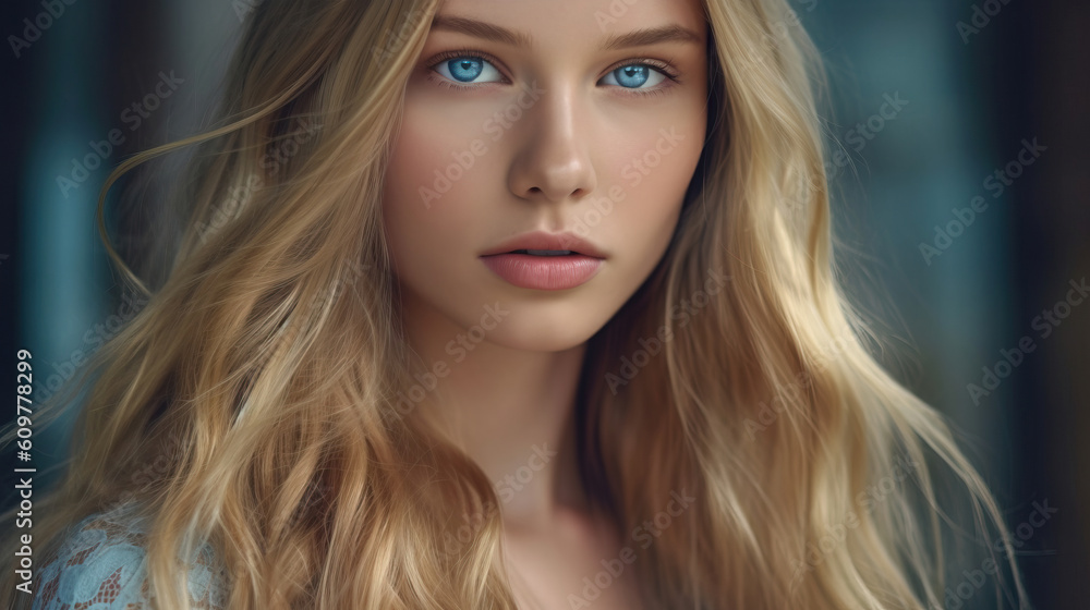 A close up stock photo of a an elegant young woman with long blonde hair. AI generated. A close up stock photo of a an elegant young woman with long blonde hair. AI generated.