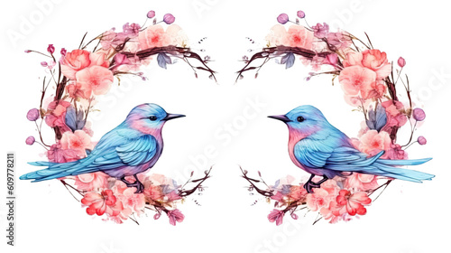 spring bird and floral wreath in watercolor style, isolated on a transparent background for design layouts © Perfect PNG