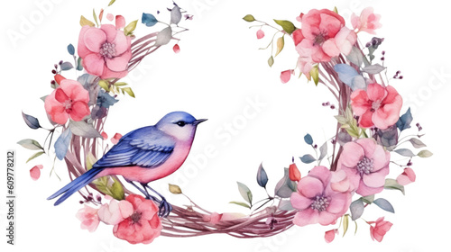 spring bird and floral wreath in watercolor style, isolated on a transparent background for design layouts