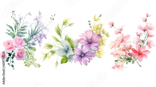 spring floral corner borders in watercolor style, isolated on a transparent background for design layouts