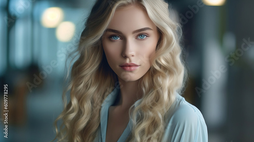 A close up stock photo of a an elegant young woman with long blonde hair.  AI generated.