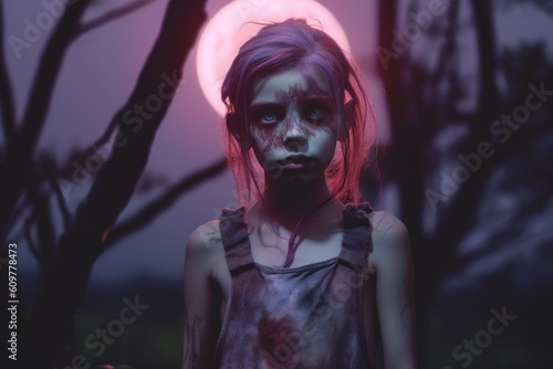 Zombie girl or baby monster in the forest, horror concept. AI generated, human enhanced photo