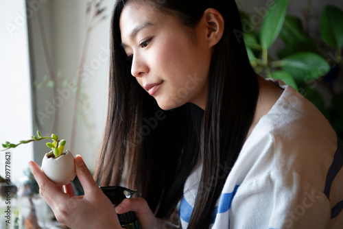 多肉植物を見ている女性