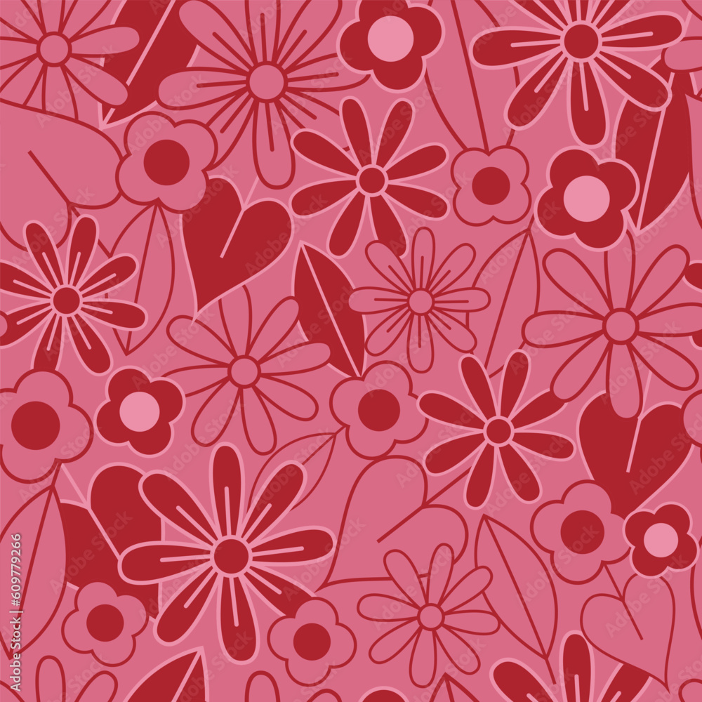 Fototapeta premium Vector red garden tea party floral seamless pattern background design.