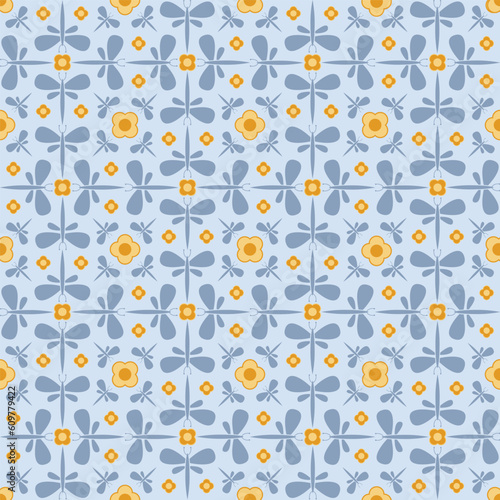 Fototapeta Naklejka Na Ścianę i Meble -  Vector light blue garden tea party dragonflies seamless pattern background design.