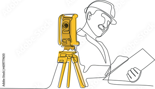 Close up of Caucasian worker with helmet on head using tablet for work while standing in warehouse. Surveyor with a tripod icon. Geodesic tripod. Vector illustration