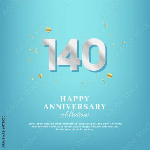 140th anniversary vector template with a white number and confetti spread on a gradient background