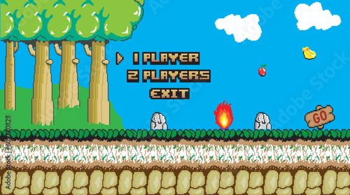 Start game, choose player, pixel game background forest trees, fire, stones, apples and bananas, adventure vector, menu for pixelated application games.