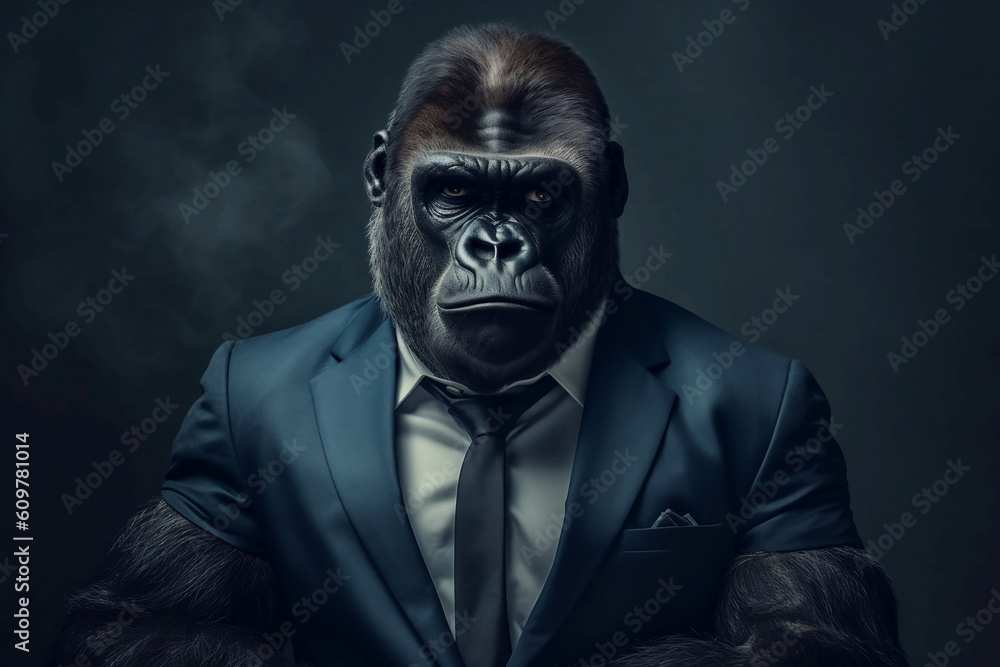 Fototapeta premium Portrait of a Gorilla dressed in a formal business suit, created with generative AI