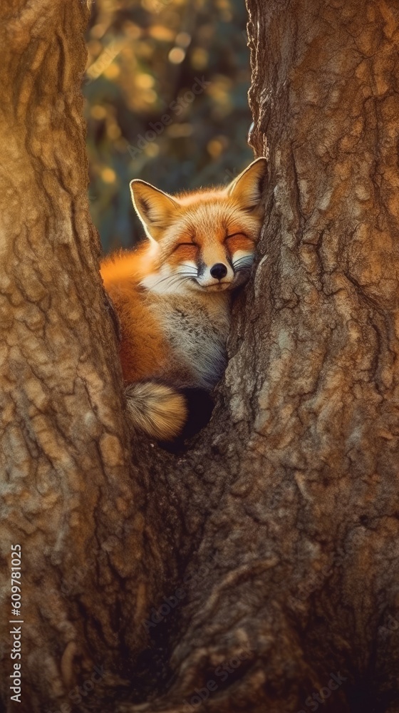 Obraz premium a fox in the forest catching its nap inside of a tree Generative Ai