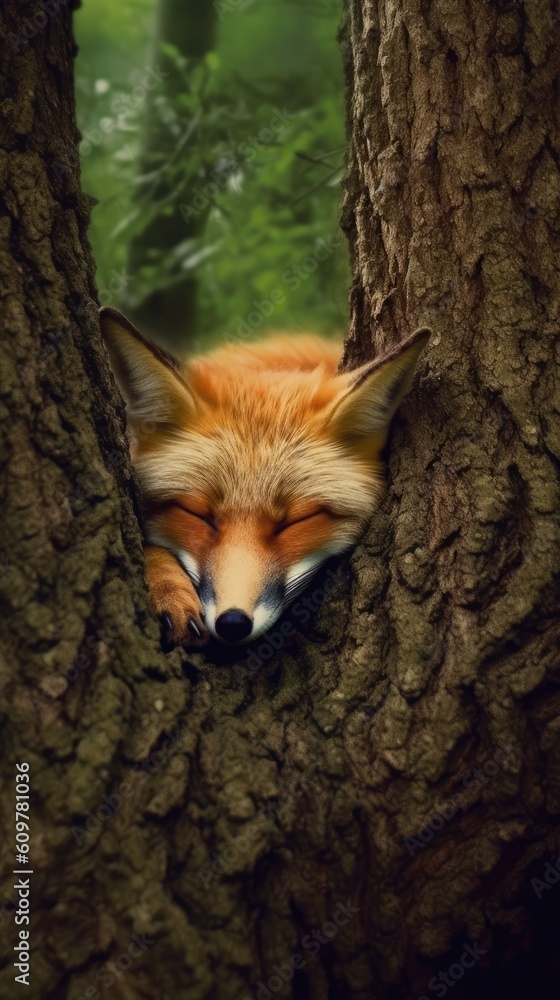 a fox in the forest catching its nap inside of a tree Generative Ai a fox in the forest catching its nap inside of a tree Generative Ai