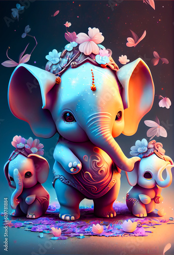 illustration of Ganesha, Little elephant, pastel colored. Generative AI. © whannsweet