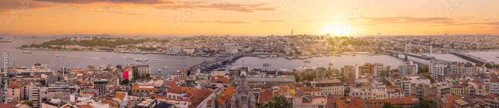 Aerial panorama of Istanbul, Turkey at sunset. Istanbul is the most populous European city and the world's 15th-largest city