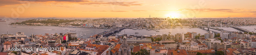 Aerial panorama of Istanbul, Turkey at sunset. Istanbul is the most populous European city and the world's 15th-largest city