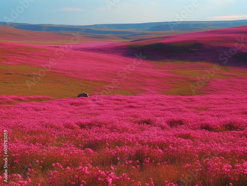 Bright Pink Flower FieldLandscape Photography created with generative AI tools