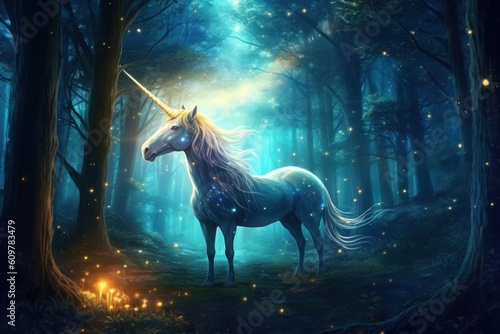 A majestic unicorn grazing on sparkling moonlit grass amidst towering trees, in a magical forest under the night sky. Generative AI