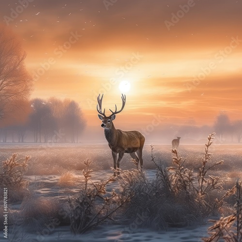 stag at sunset with deer in a field full of frost Generative Ai © lanyardweeping