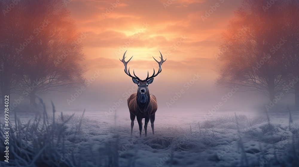 Obraz premium a stag is standing in frost in the field at sunset Generative Ai