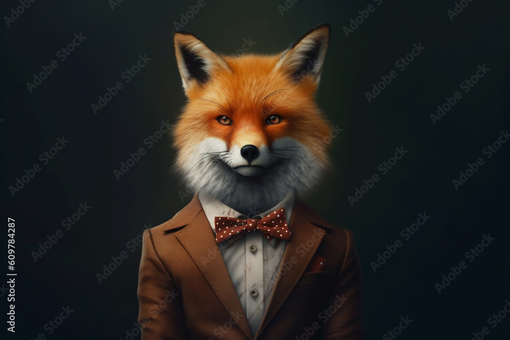 Obraz premium Portrait of a Fox dressed in a formal business suit, created with generative AI