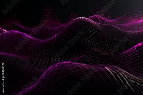 Network technology. Futuristic tech black background and purple waves Low poly wire illustration Generative AI