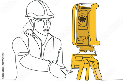 Close up of Caucasian worker with helmet on head using tablet for work while standing in warehouse. Surveyor with a tripod icon. Geodesic tripod. Vector illustration