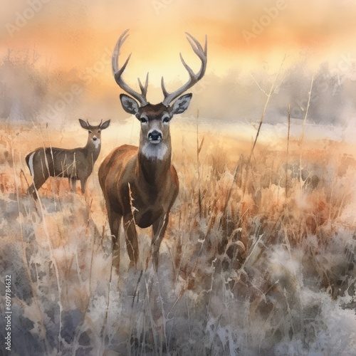 watercolor deer in a field with frost in the morning at sunset Generative Ai