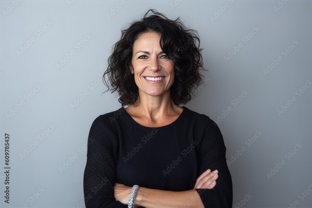 Smiling beautiful attractive mature woman looking at the camera of gray background. Generative AI Smiling beautiful attractive mature woman looking at the camera of gray background. Generative AI