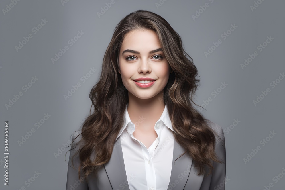 Happy young smiling confident professional business woman wearing casual, pretty stylish female executive looking at camera, looking at camera isolated on gray background, Generative AI Happy young smiling confident professional business woman wearing casual, pretty stylish female executive looking at camera, looking at camera isolated on gray background, Generative AI