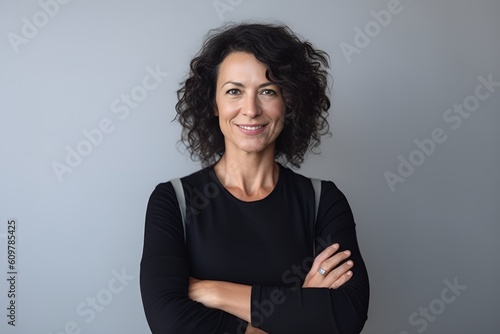 Smiling beautiful attractive mature woman looking at the camera of gray background. Generative AI photo