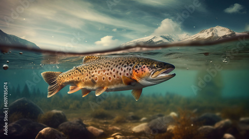 A big fish swims in clear water against the backdrop of mountains.