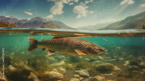 A big fish swims in clear water against the backdrop of mountains.