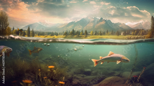 A big fish swims in clear water against the backdrop of mountains. © tashechka