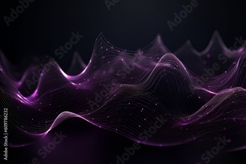 Network technology. Futuristic tech black background and purple waves Low poly wire illustration Generative AI
