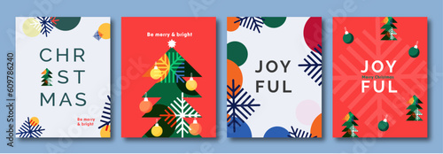 Collection of winter background set with christmas tree, light balls, geometrical shapes, snowflakes. Editable vector illustration for christmas invitation, postcard and website banner