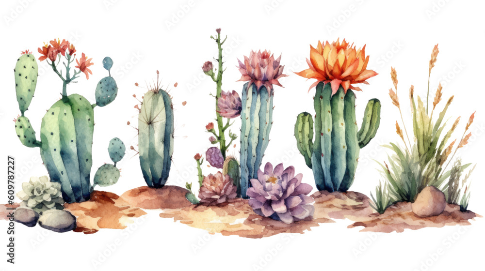 desert cacti in watercolor style, isolated on a transparent background for design layouts