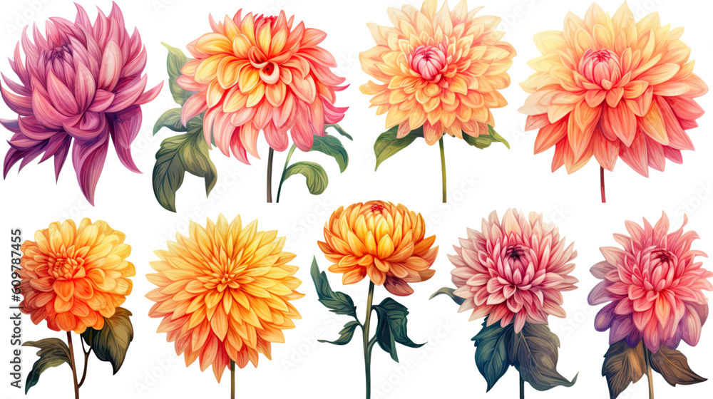 vibrant dahlias in watercolor style, isolated on a transparent background for design layouts