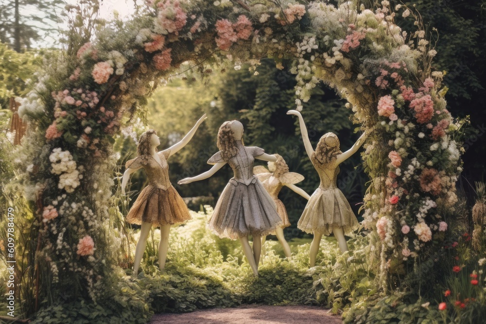 Enchanted fairies dancing under a floral arch in a hidden garden. Generative AI Enchanted fairies dancing under a floral arch in a hidden garden. Generative AI