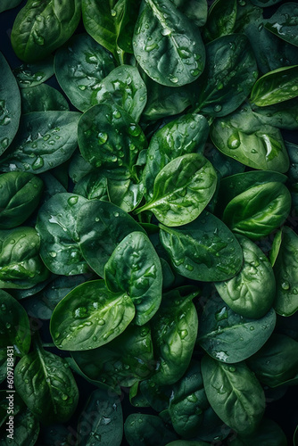 Fresh Spinach Leafs with Droplets of Water, Top-View Close-Up Background