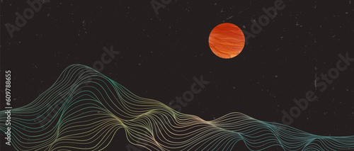 Illustrations of Mountain line art landscape. Creative minimalist modern line art pattern. Abstract contemporary aesthetic backgrounds landscapes. with Mountain, hill and red moonlight