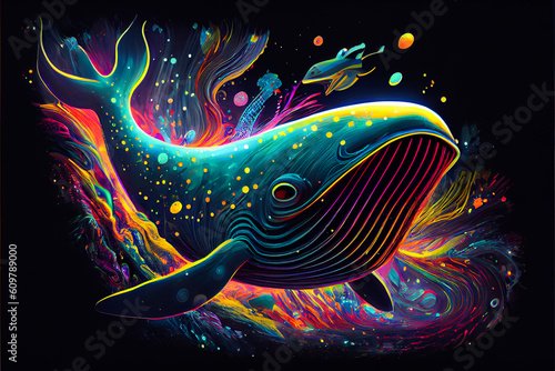Vibrant color whale illustration. Generative ai. © whannsweet