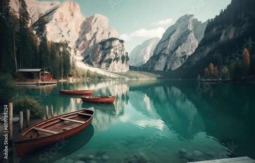 two canoes on a dock in a mountain lake  generative AI
