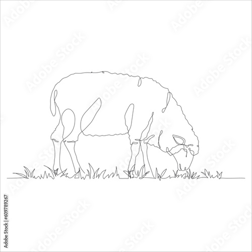 Sheep in one continuous line drawing. Sheep icon. Lamb in the grass line art icon concept. Trendy sheep with grass single line draw design illustration. Vector illustration