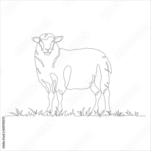 Sheep in one continuous line drawing. Sheep icon. Lamb in the grass line art icon concept. Trendy sheep with grass single line draw design illustration. Vector illustration