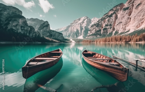 two canoes on a dock in a mountain lake, generative AI Fototapeta